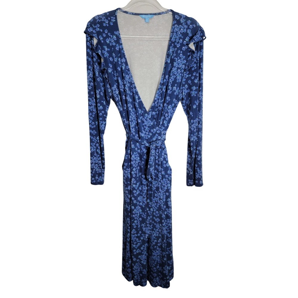 Draper James RSVP Large Blue Floral Wrap Midi Dress Ruffle Shoulder Soft Rayon